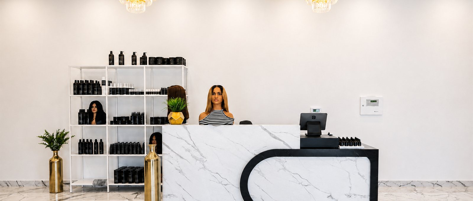 Wide view of the KBS Luxe reception: marble counter, product shelves and gold vases