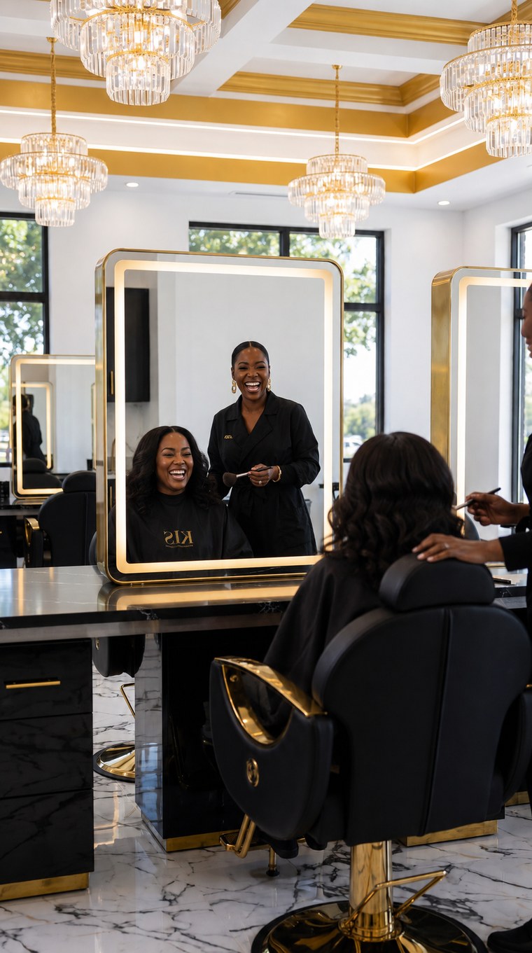 KBS Luxe client and stylist at the gold LED mirror