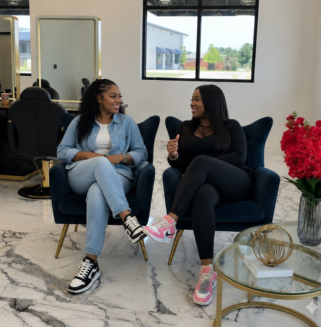 Two clients talking in the KBS Luxe waiting lounge