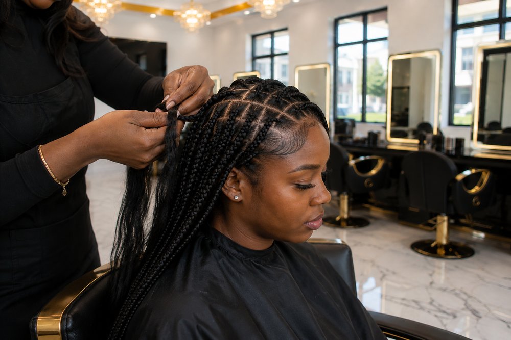 Close-up of a stylist braiding knotless braids