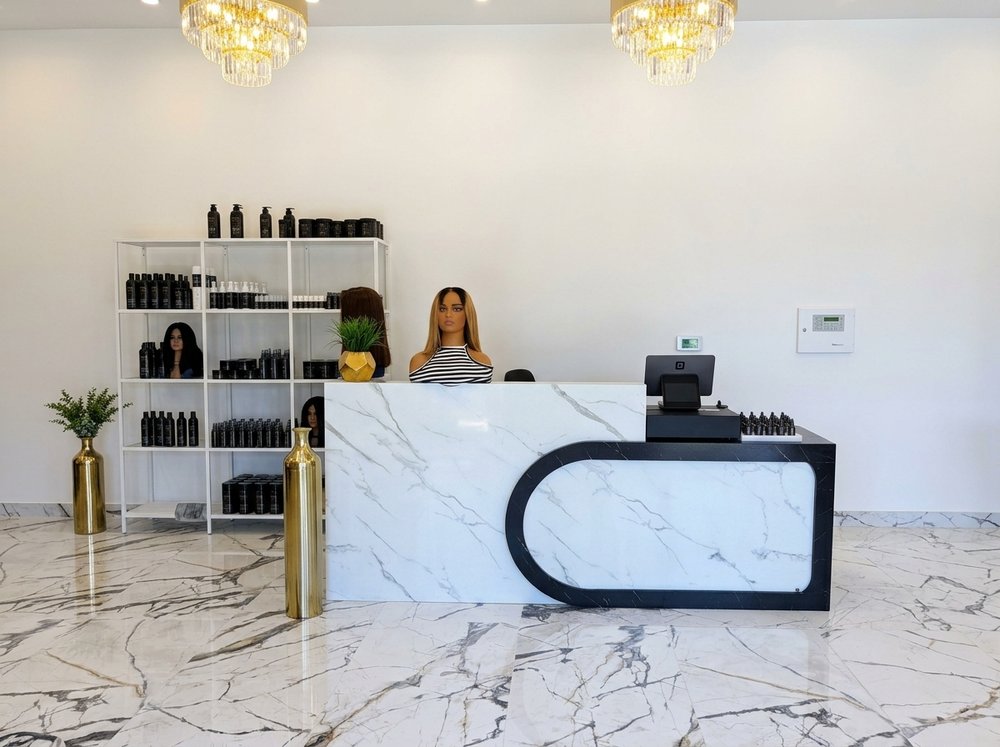 The marble reception counter at KBS Luxe