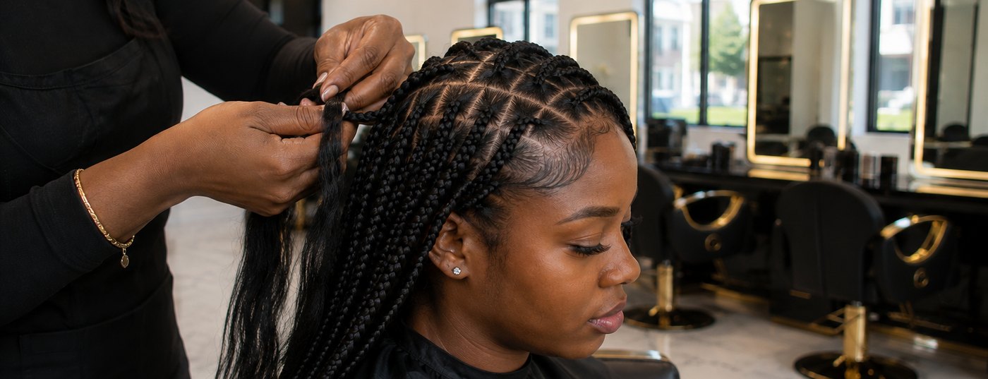 Close-up of knotless braids being installed